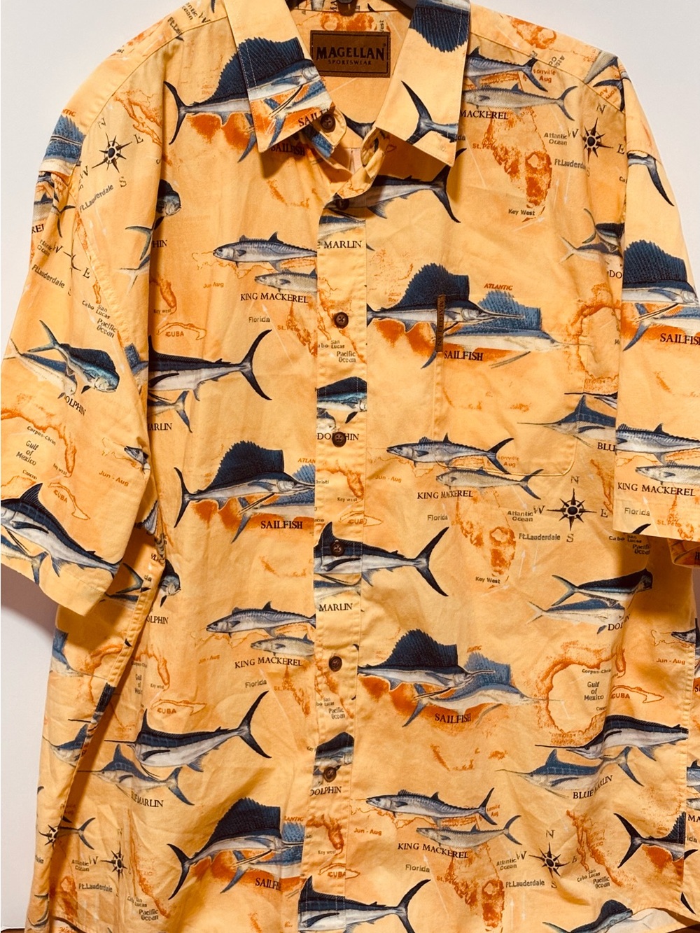 Magellan Outdoors Yellow Short-Sleeve Sailfish & Marlin Print Button-Down Shirt